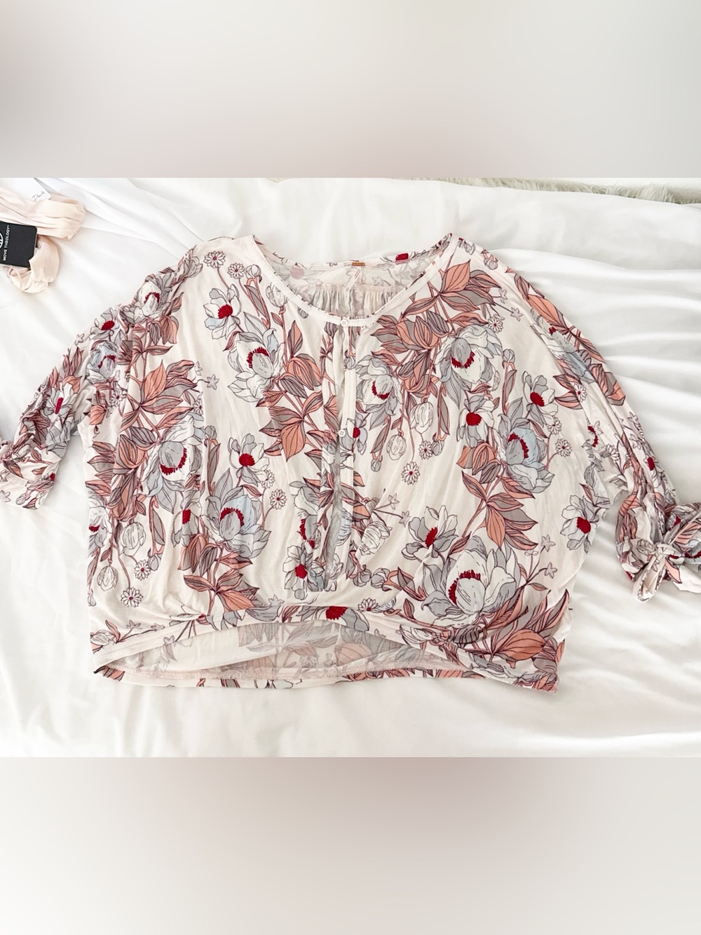 Free People Blush Floral Tie-Front Bodysuit with Red Accents